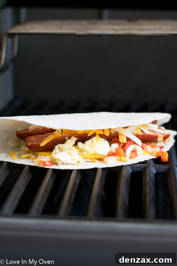 Assembling and grilling breakfast quesadillas with melted cheese.