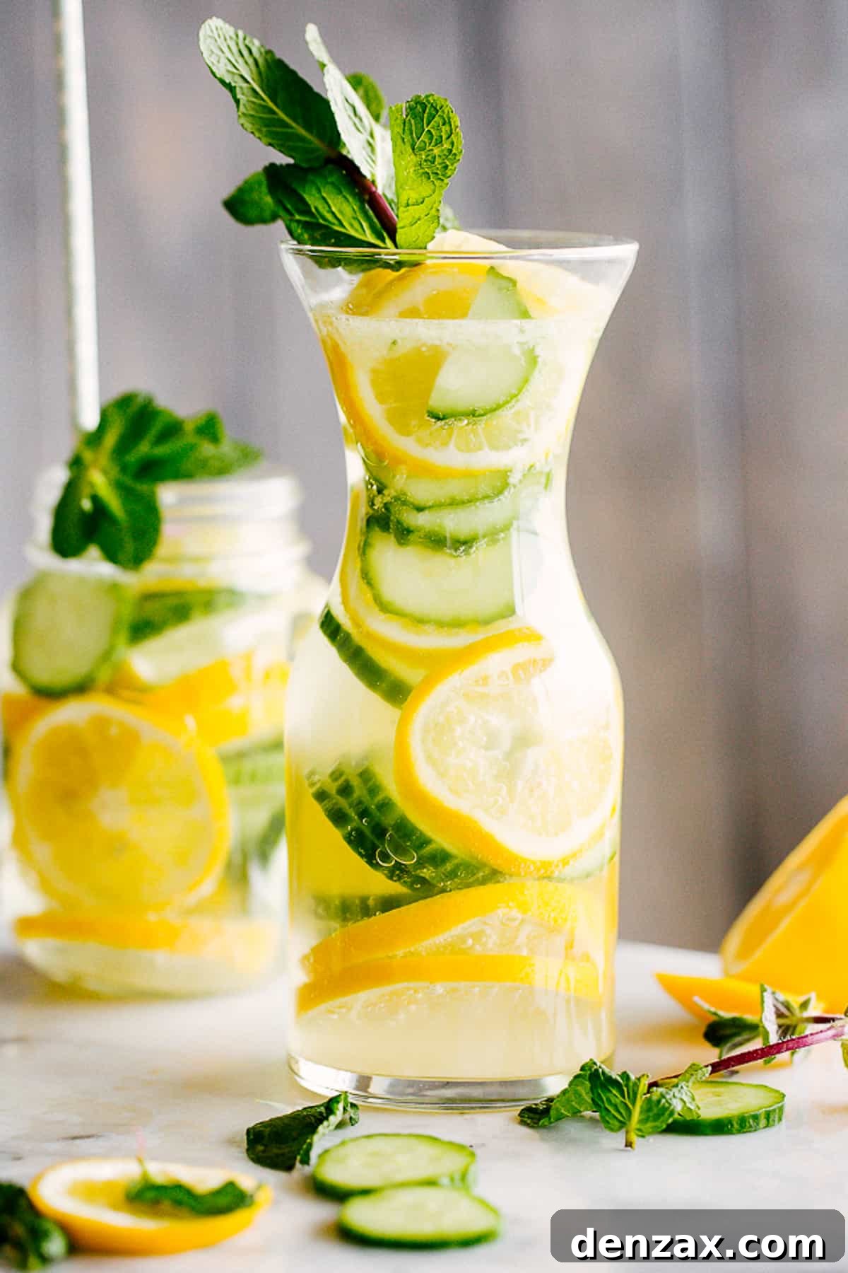 Beautifully arranged cucumber lemon water in a mason jar with a handle, next to a tall, elegant carafe on a rustic wooden surface, highlighting its refreshing appeal and natural ingredients.