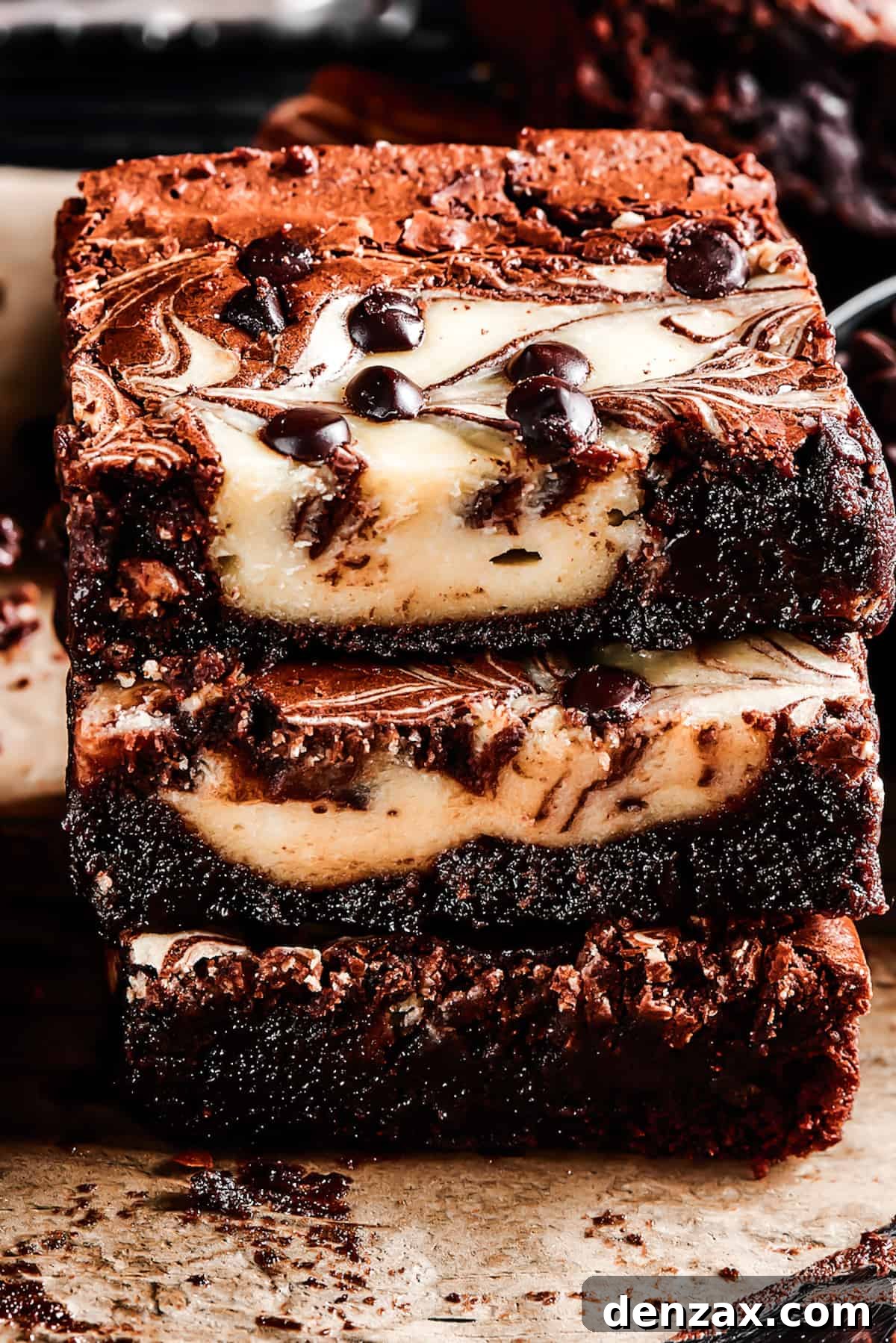 Perfect fudgy brownies get a major upgrade in this Cream Cheese Brownies recipe! An easy dessert loaded with cheesecake and chocolate. Three perfectly baked cream cheese swirl brownies stacked on a cooling rack.