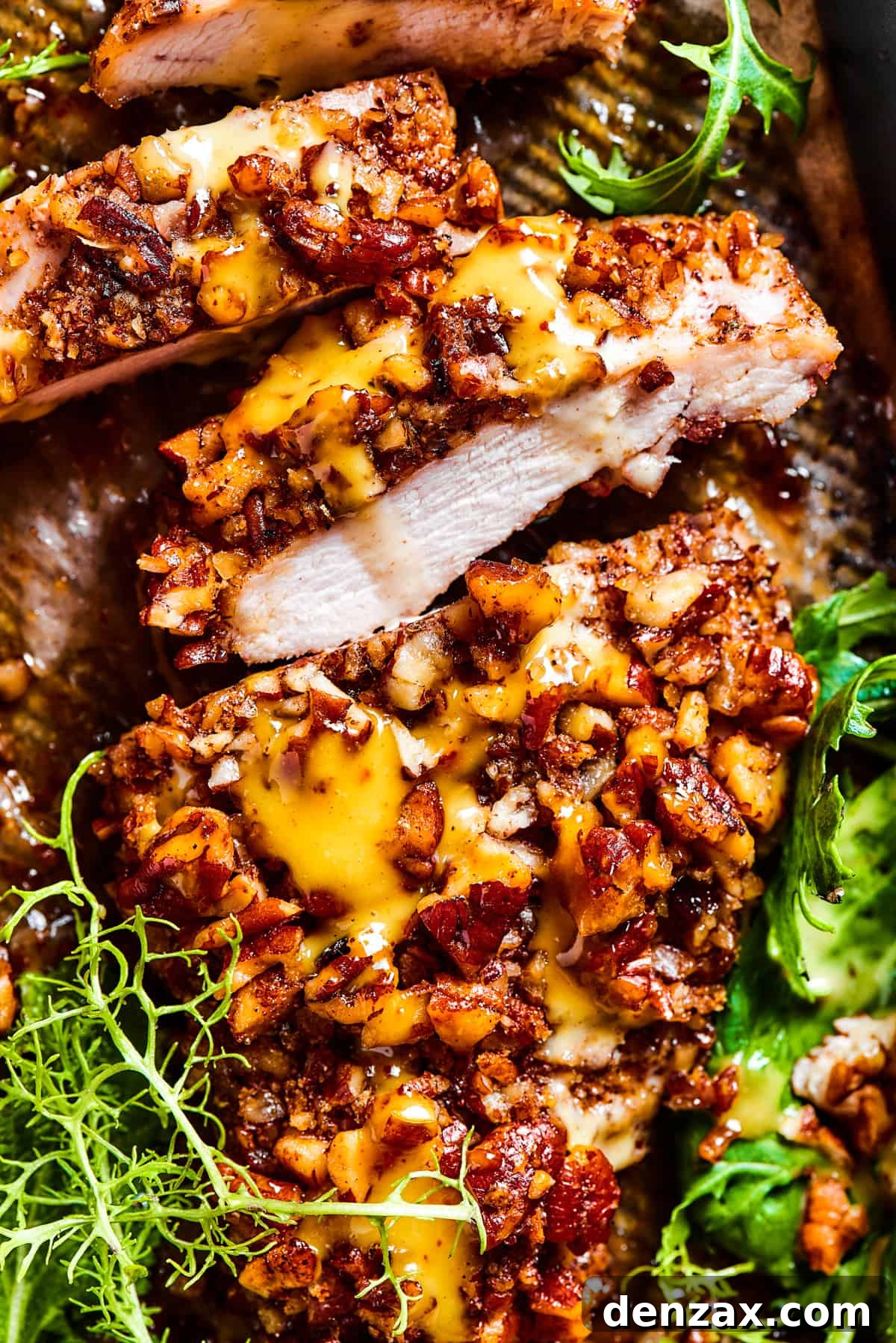 Exquisitely sliced pecan crusted chicken presented on a serving dish, elegantly garnished with fresh greens for a vibrant and appealing meal.
