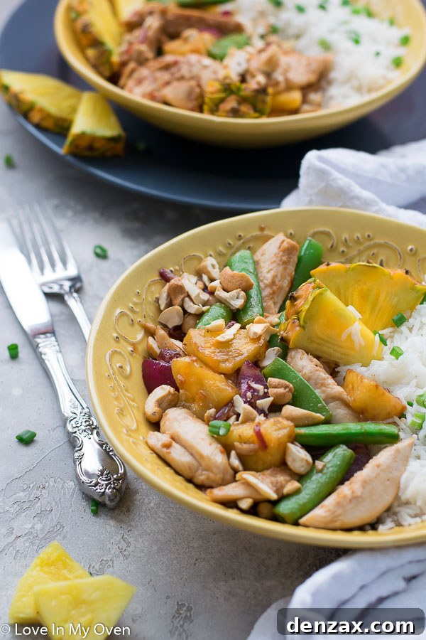Full spread of Chicken and Pineapple Stir Fry ingredients and final dish