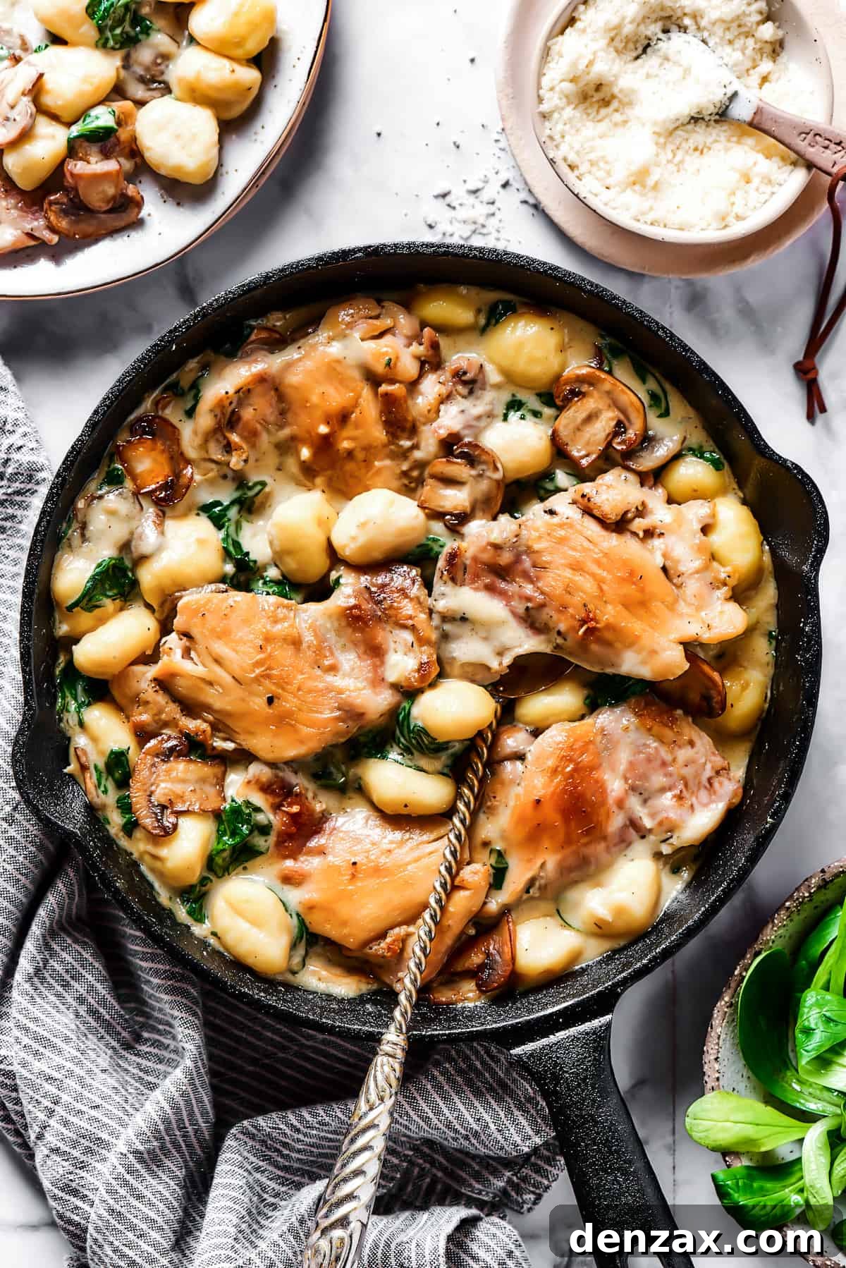 Creamy Chicken & Gnocchi is a bold, yet comforting combo of tender chicken, pillowy gnocchi, and flavorful spinach and mushrooms. Creamy chicken and gnocchi served in a rustic cast-iron skillet, garnished with fresh herbs.