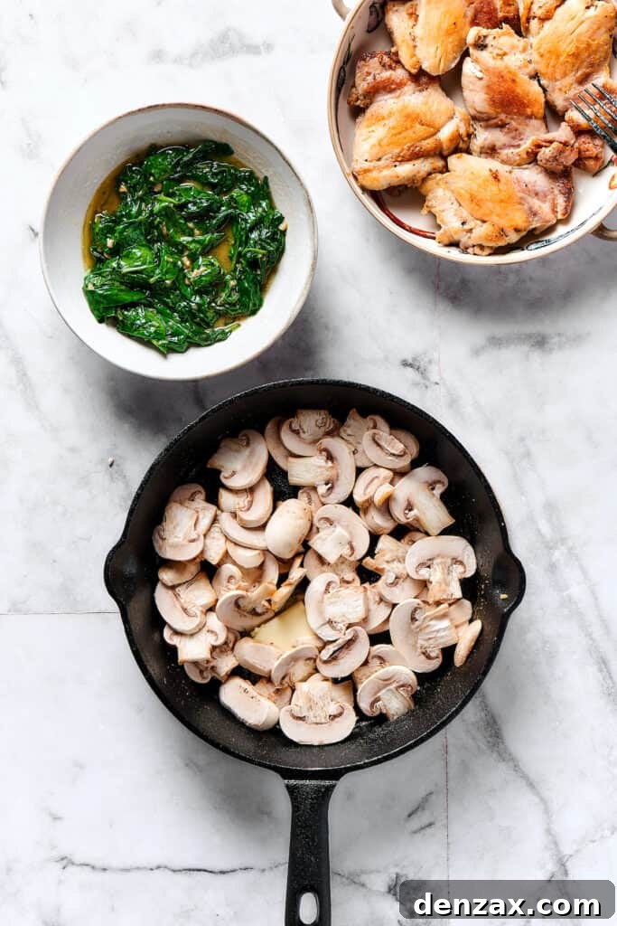 Comforting Creamy Chicken Gnocchi 4 Sliced cremini mushrooms browning and caramelizing in a skillet.