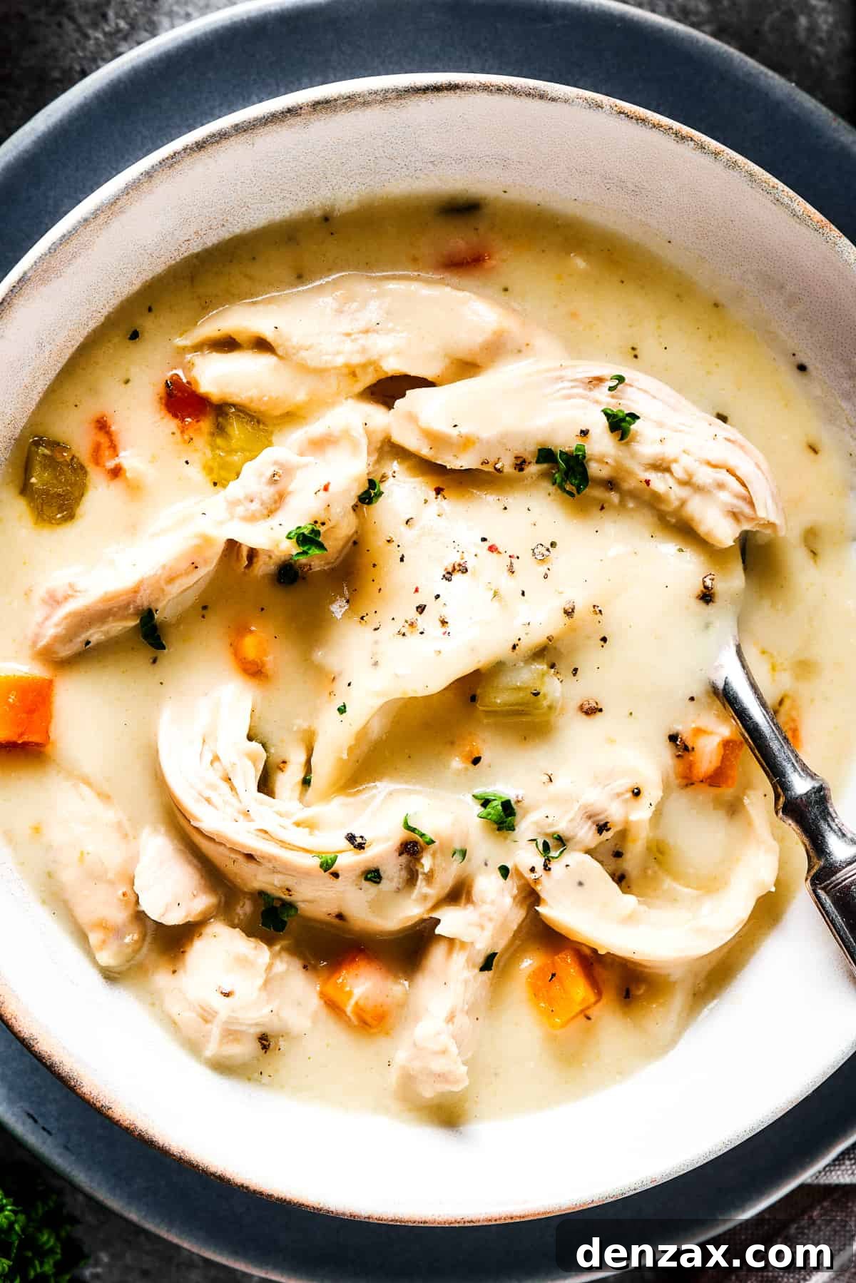 A close-up of thick chicken soup garnished with fresh herbs, showcasing its rich texture.
