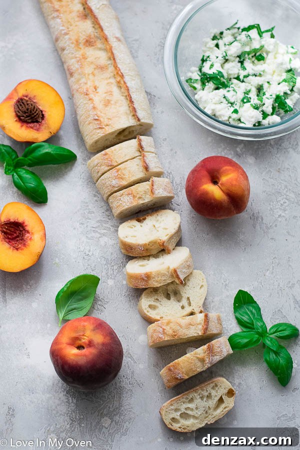 Ingredients for grilled peach crostini on a wooden board