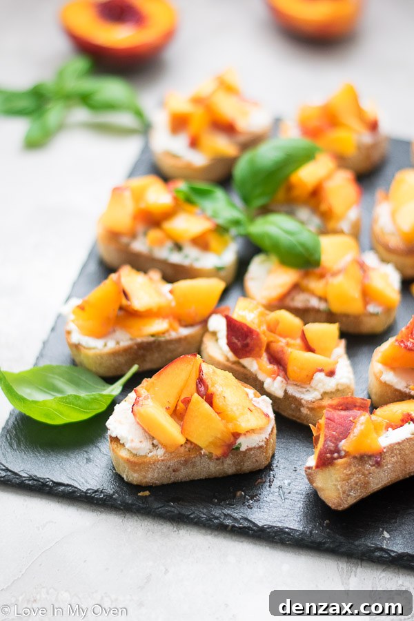 Grilled peach crostini, ready to serve, with a focus on fresh ingredients