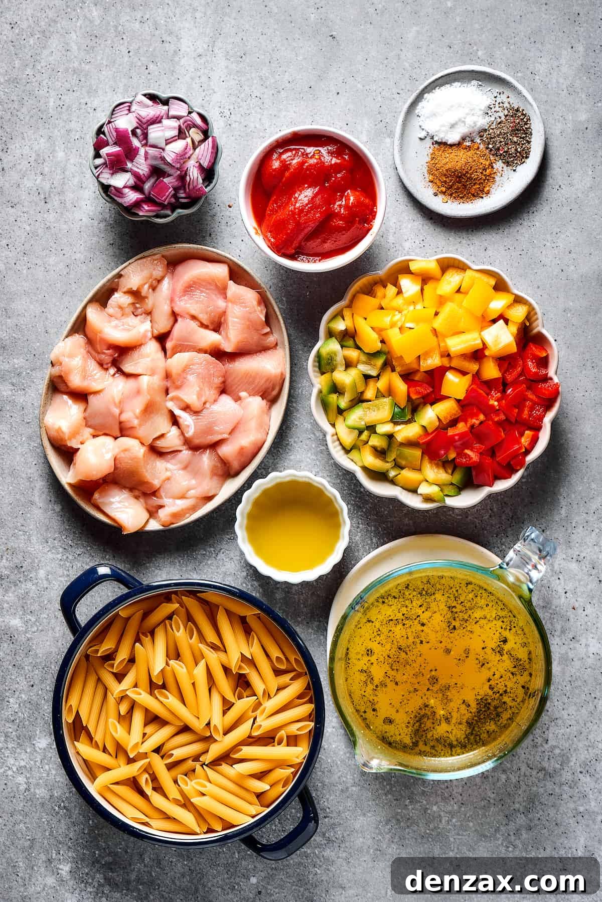 Light yet hearty Chicken Fajita Pasta is made with juicy chicken and crisp-tender veggies. An easy, perfect family dinner recipe! Chicken fajita pasta ingredients measured and arranged in small dishes on a work surface.