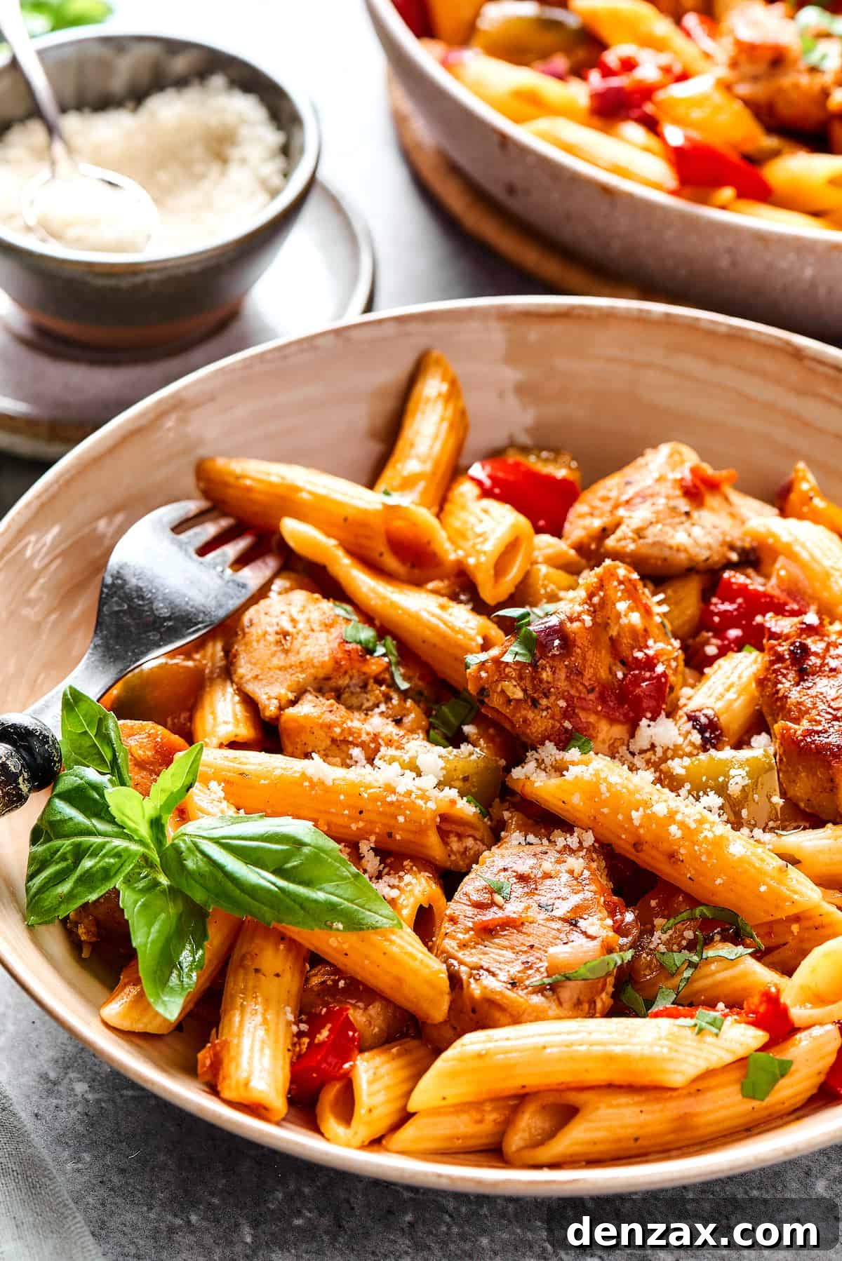 Light yet hearty Chicken Fajita Pasta is made with juicy chicken and crisp-tender veggies. An easy, perfect family dinner recipe! Penne pasta with vegetables and chicken.