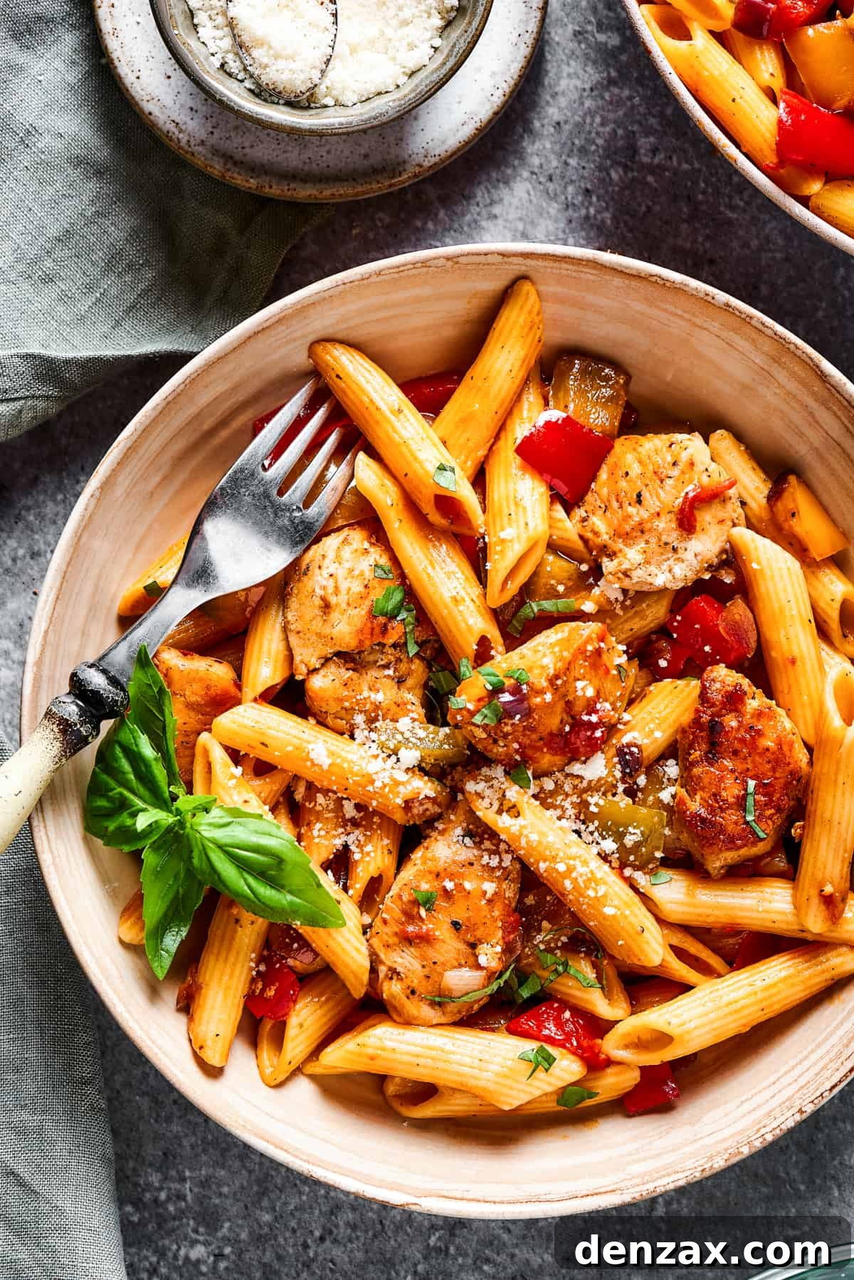 Light yet hearty Chicken Fajita Pasta is made with juicy chicken and crisp-tender veggies. An easy, perfect family dinner recipe! A bowl of chicken and pasta with a fork.