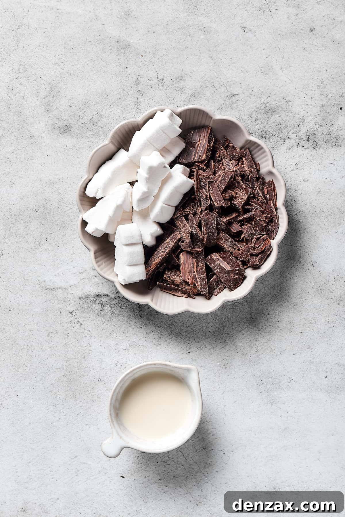 Close-up of premium ingredients for the topping: rich dark chocolate, fluffy marshmallows, and smooth heavy cream, ready to be transformed into a luxurious drizzle.