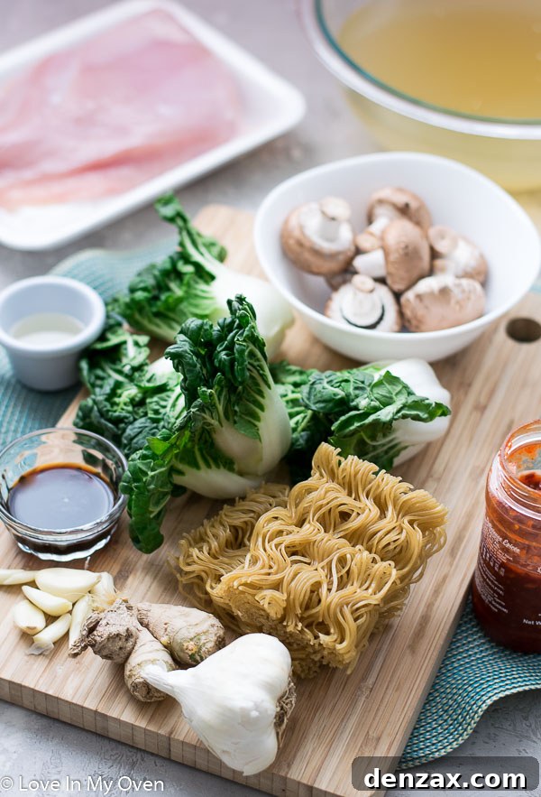 Ingredients for Turkey Ramen on a Cutting Board