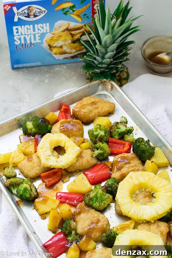 teriyaki-style sheet pan meal with fish, pineapple, and peppers