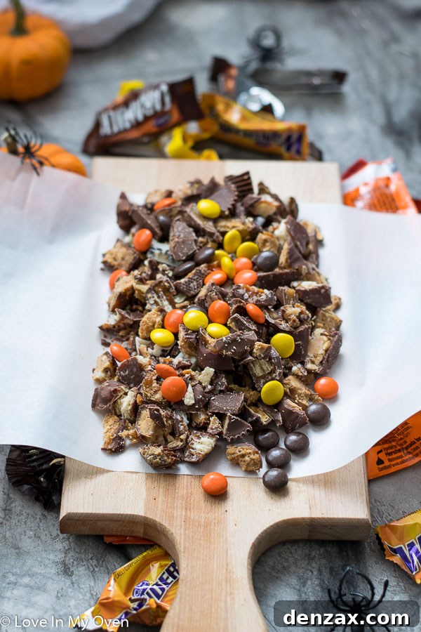 A vibrant assortment of chopped Halloween candy