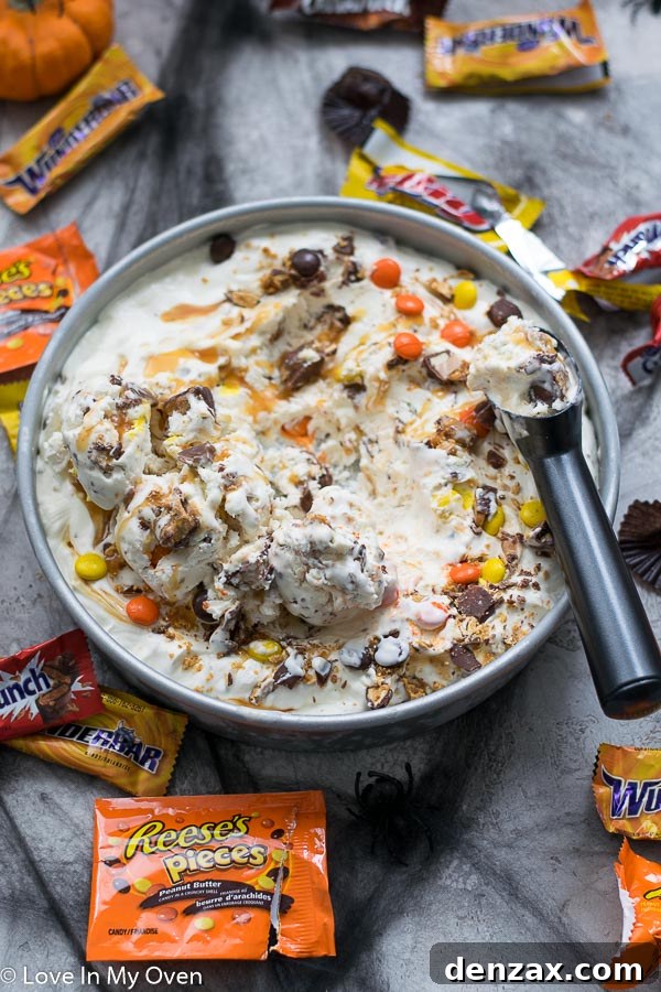 Close-up of Halloween ice cream showing rich texture and candy pieces