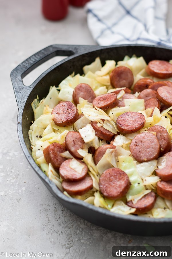 Close-up of a portion of Sausage and Cabbage Skillet