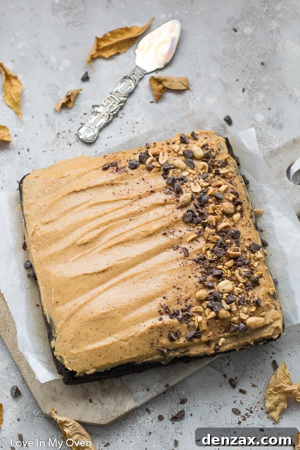 Delicious Healthier Chocolate Peanut Butter Sheet Cake, garnished with peanuts and chocolate