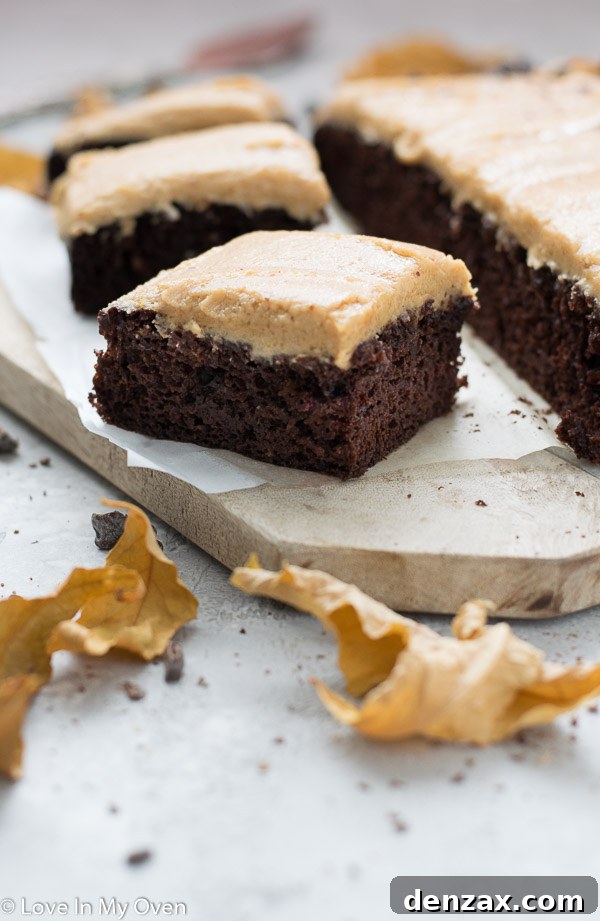 Top-down view of the Healthier Chocolate Peanut Butter Sheet Cake, with a few slices cut