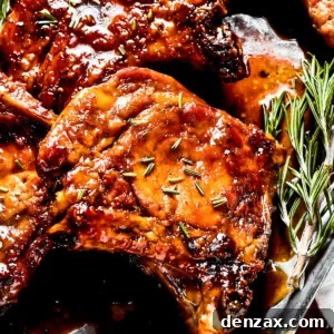 Sweet and Savory Brown Sugar Pork Chops 2 Pork chops glazed in brown sugar sauce, garnished with herbs.