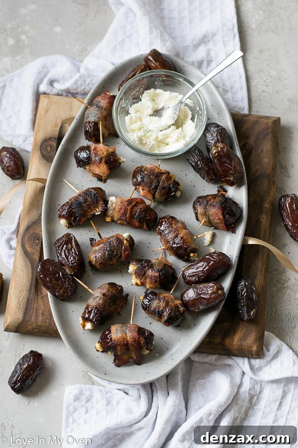 Salty, crispy, goat cheese stuffed dates wrapped in bacon – the perfect 3-ingredient appetizer for any occasion.
