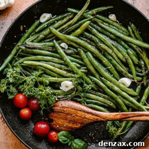 Green beans, cherry tomatoes, and garlic cloves in a black skillet with a wooden spoon