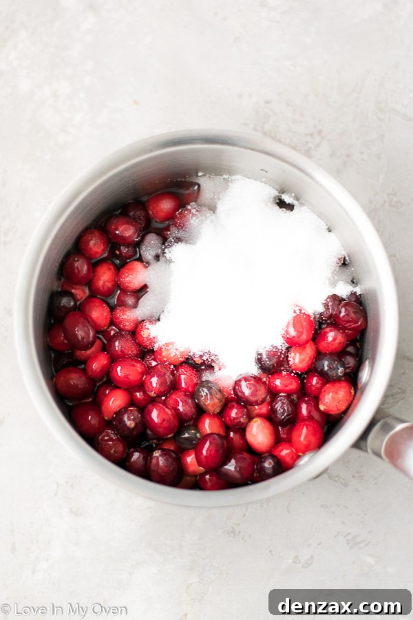Vibrant Cranberry Curd 3 Cranberries simmering in a pot with sugar and water.