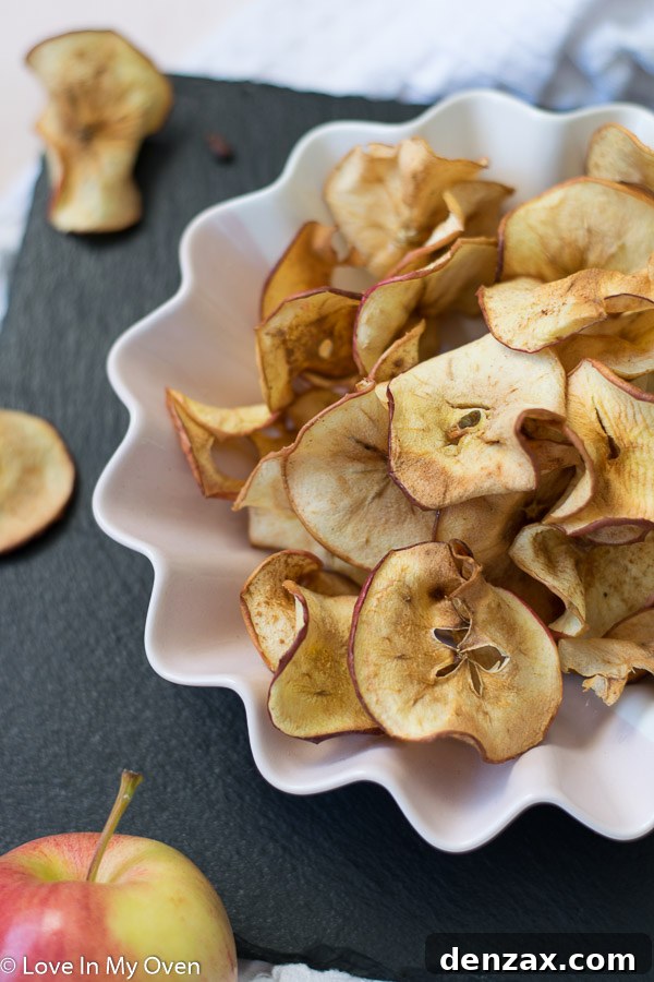 Close-up of golden brown air fryer apple chips sprinkled with cinnamon