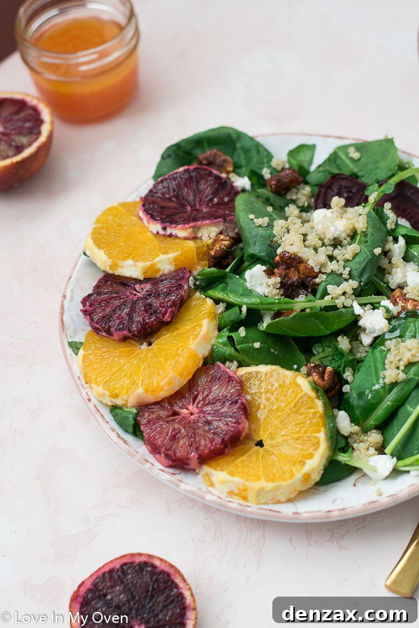 Crimson Citrus Salad 3 Close-up of roasted beet and orange salad ingredients, including quinoa and goat cheese
