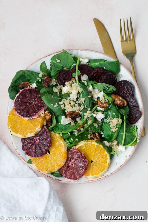 Crimson Citrus Salad 6 Serving of vibrant beet and orange quinoa salad on a plate