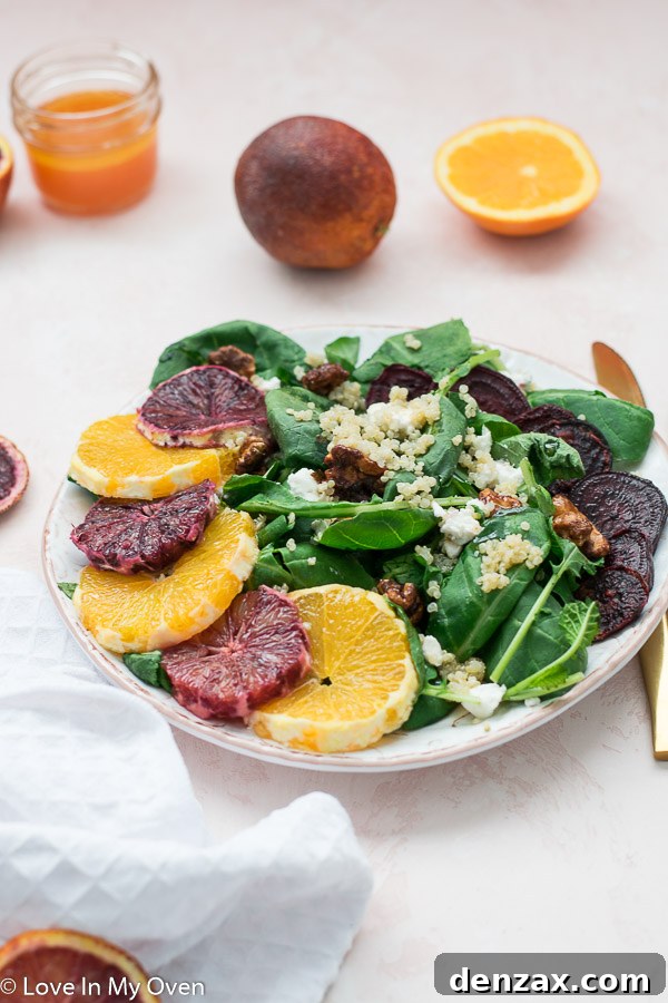 Crimson Citrus Salad 7 Close up of beet and orange salad with fresh greens and dressing