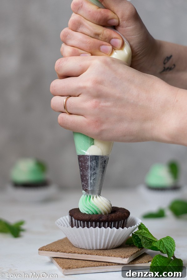 Mint buttercream frosting swirled on a chocolate cupcake, ready to be served