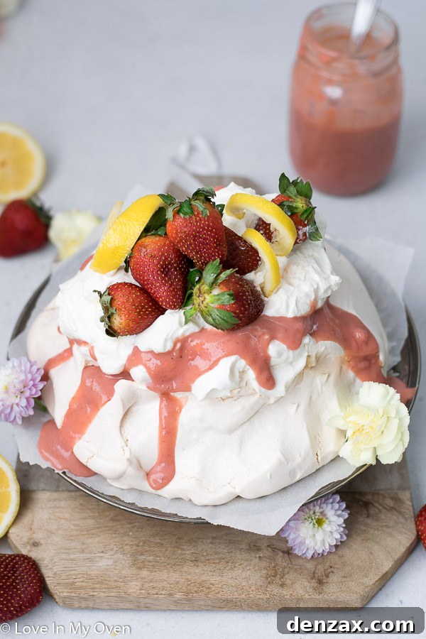 Overhead view of a beautifully presented strawberry lemon curd pavlova