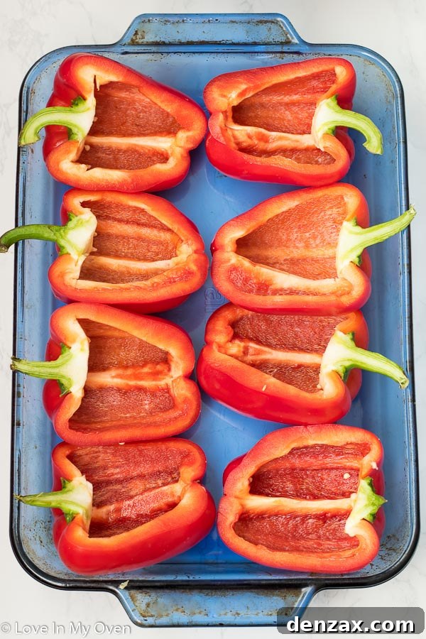Bell peppers halved and cored, ready for stuffing