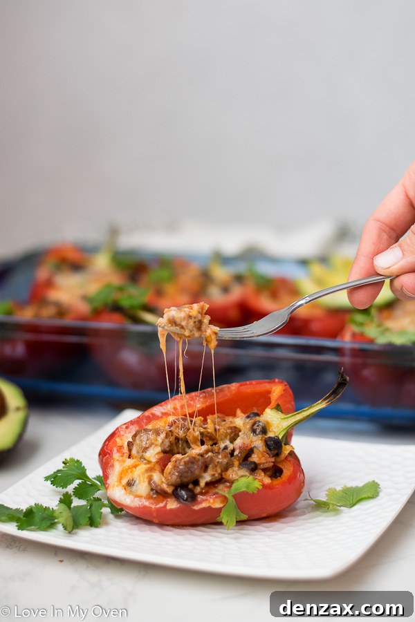Overhead shot of two chorizo stuffed peppers in a baking dish