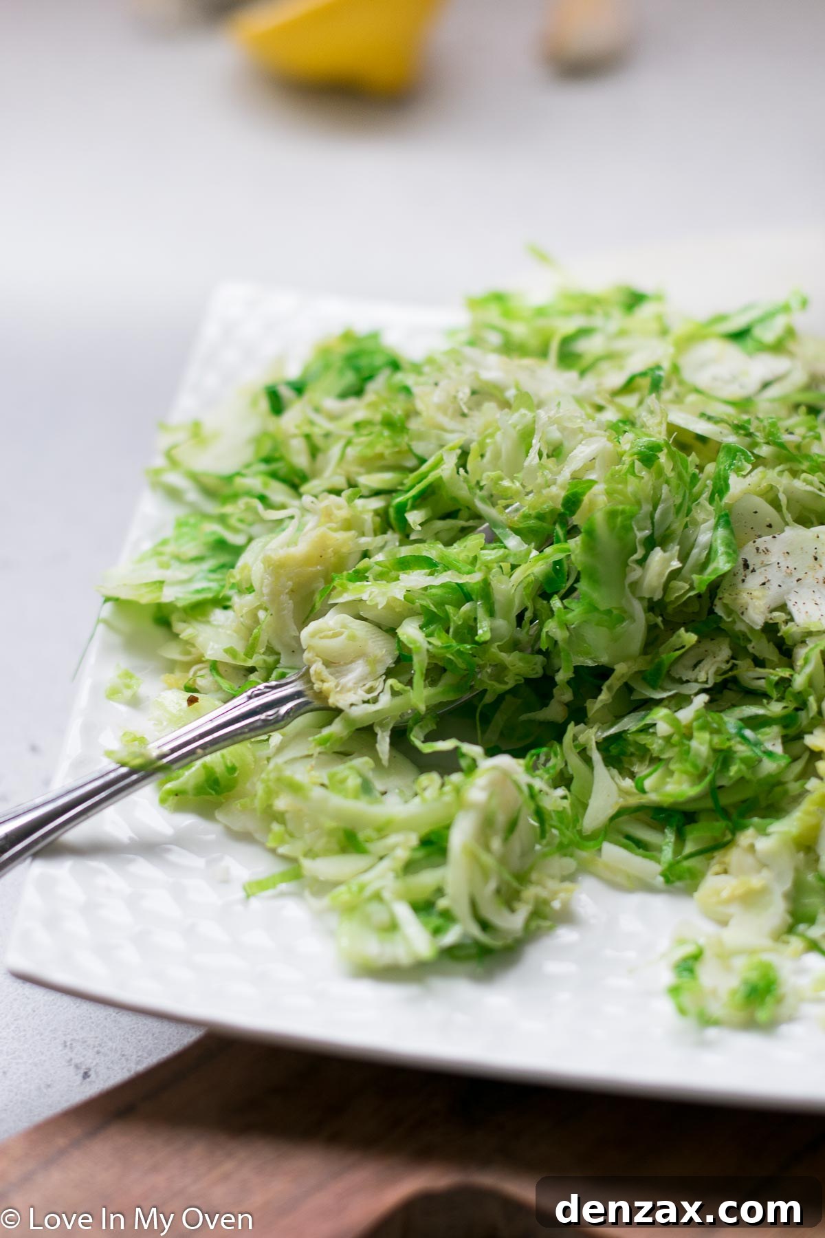 Another perspective of sautéed shredded Brussels sprouts on a plate