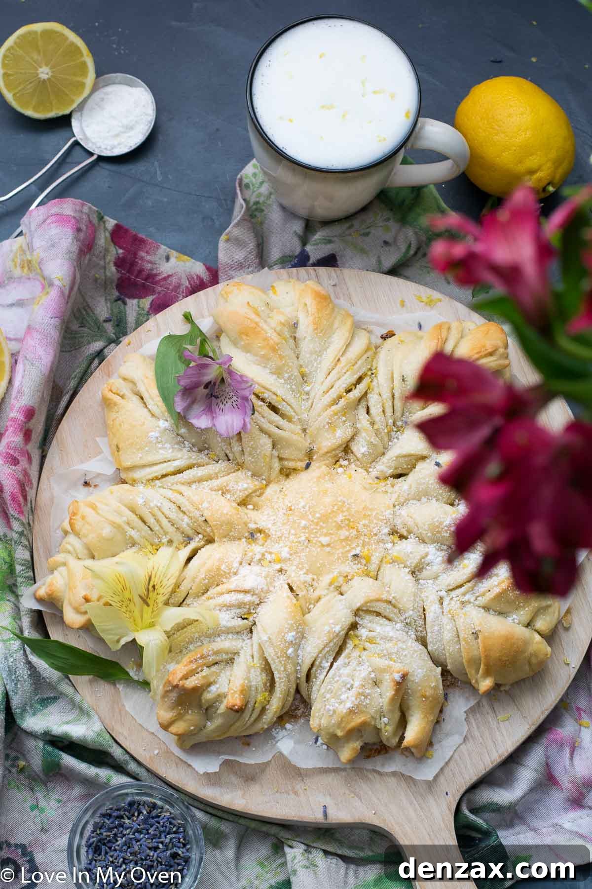 Close-up of Star Lemon Lavender Bread on a wooden serving board, showcasing its texture.
