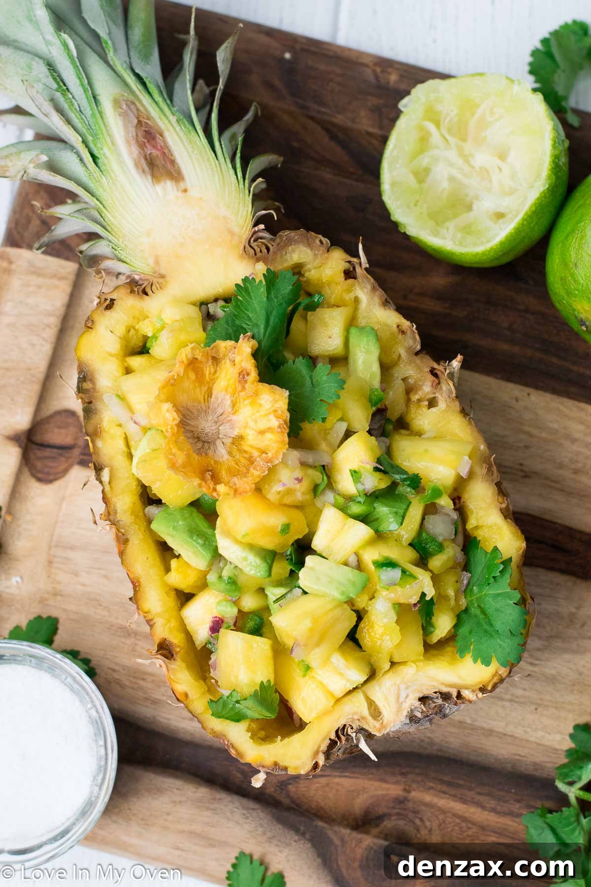 Close-up of chunky pineapple avocado salsa showing vibrant colors