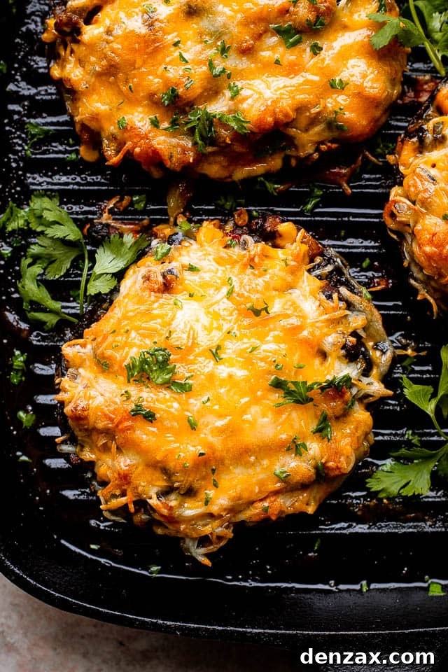 melted cheese over portobella mushrooms on the grill