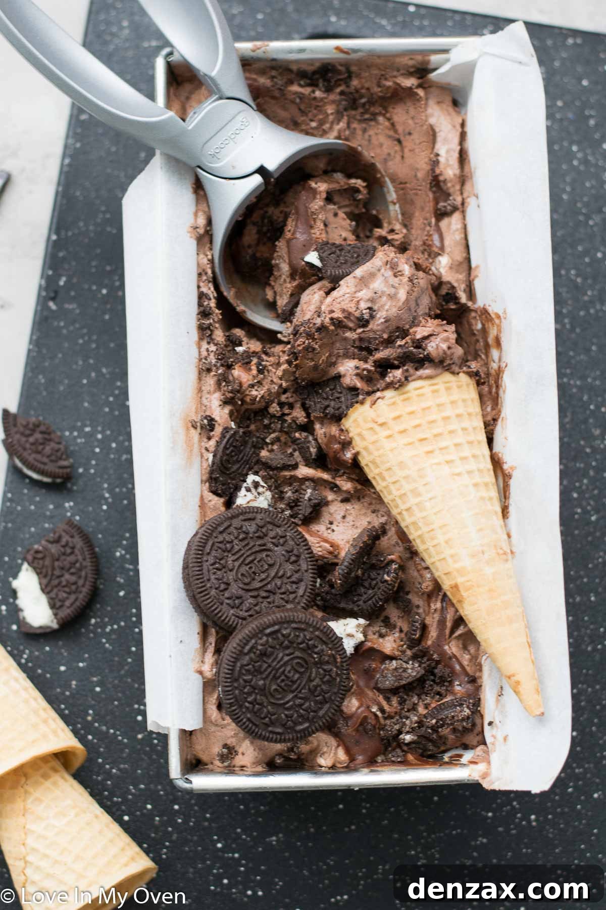 Decadent no-churn chocolate Oreo ice cream with chocolate ganache swirls