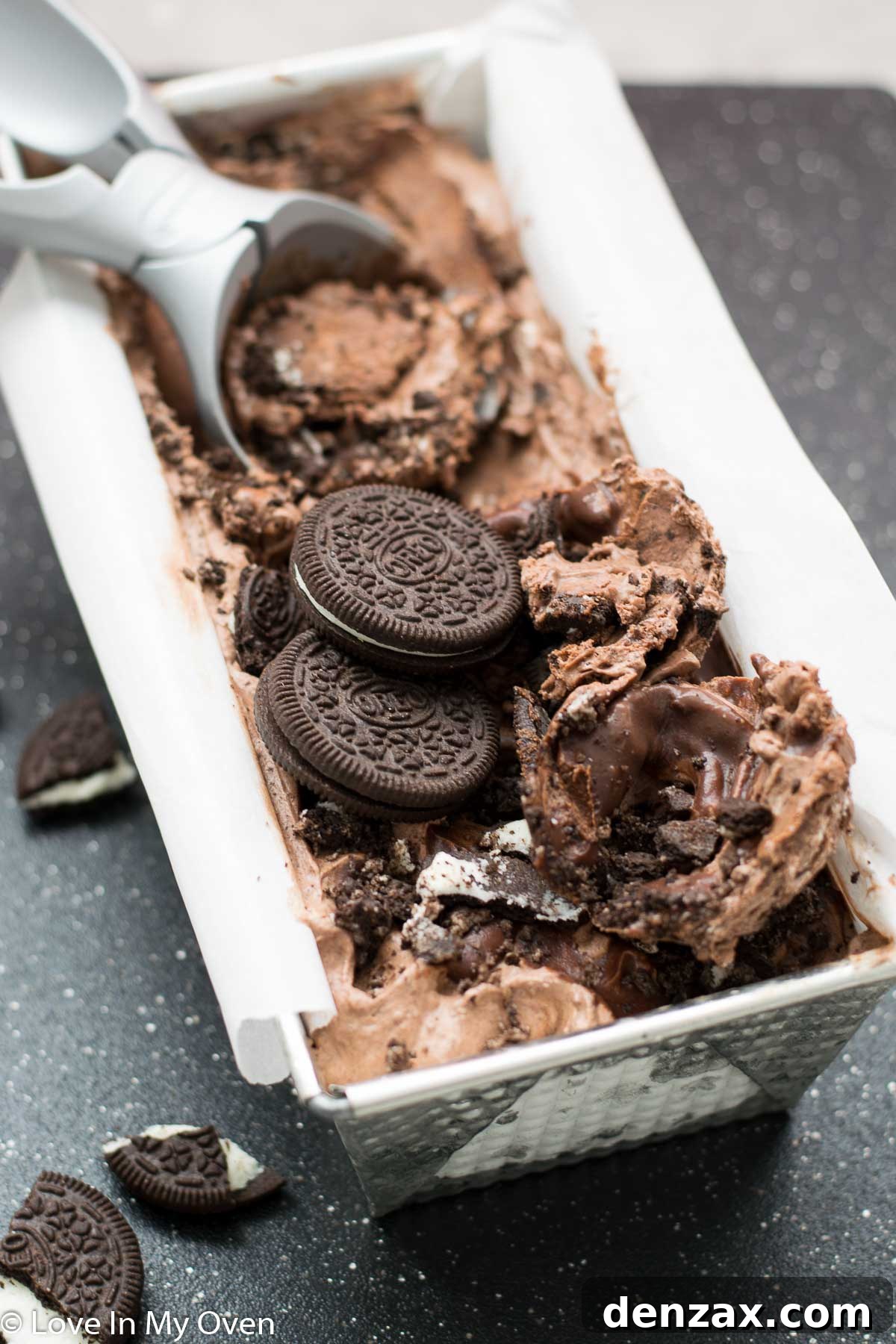 Close-up of creamy no-churn chocolate Oreo ice cream with visible cookie pieces