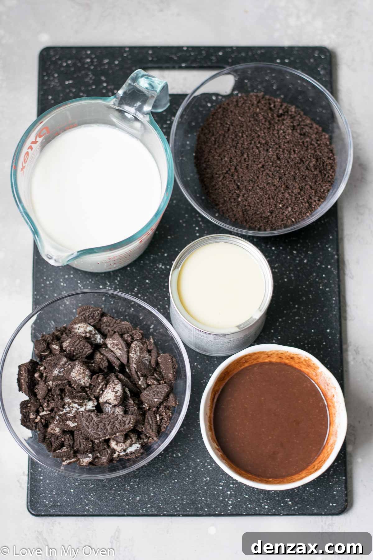 Ingredients laid out for no-churn chocolate Oreo ice cream