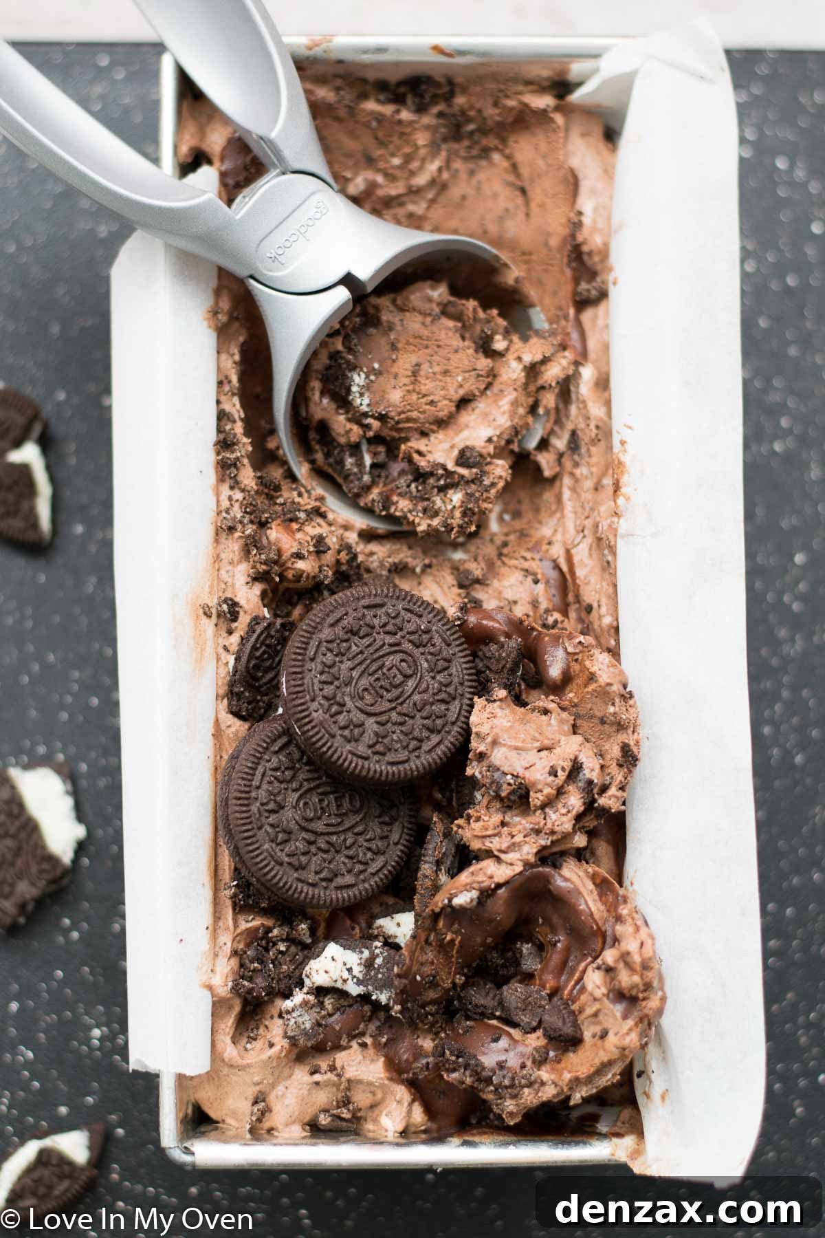 Close-up of a scoop of no-churn chocolate Oreo ice cream