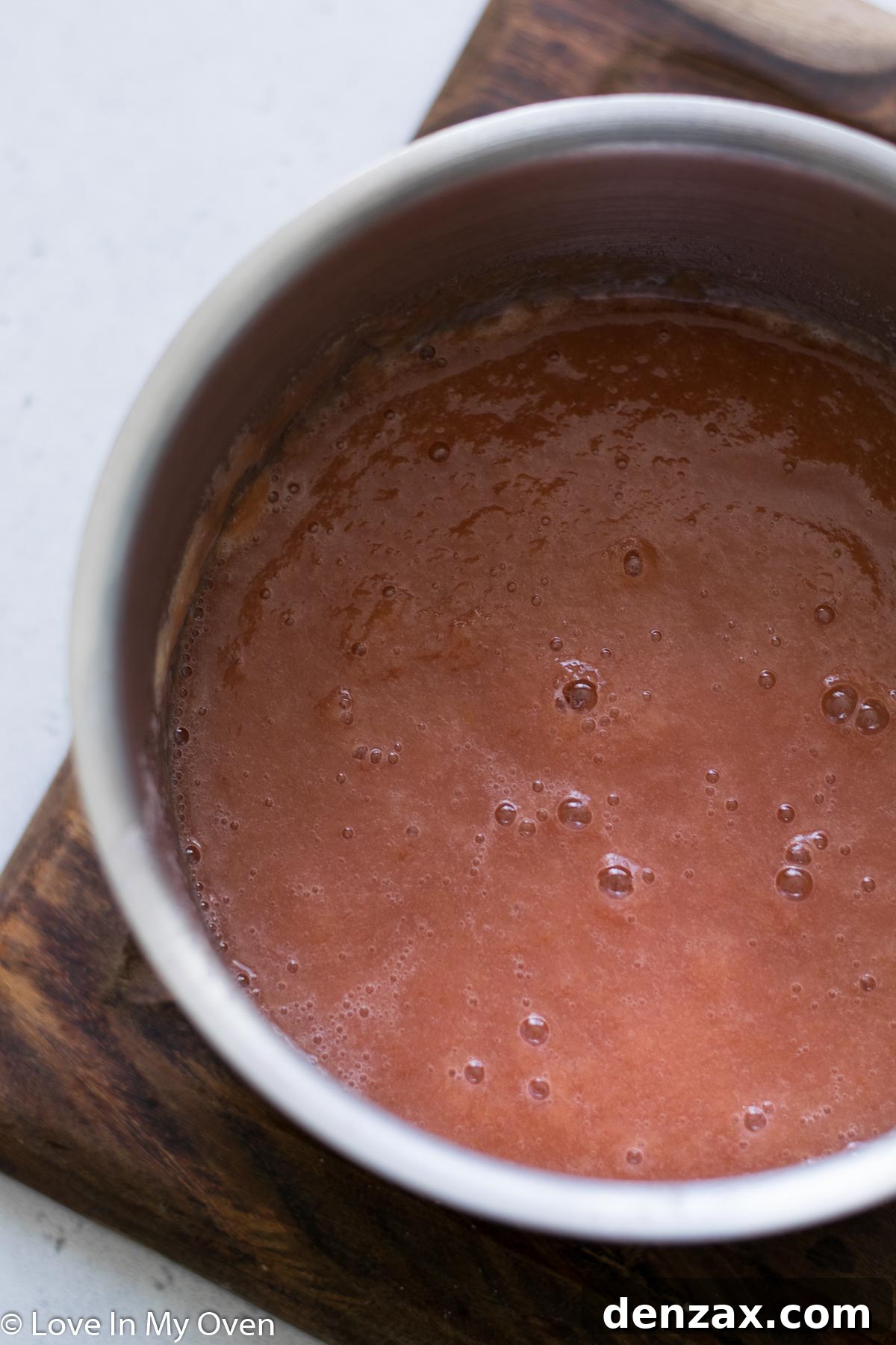 Rhubarb mixture after simmering, ready for blending.