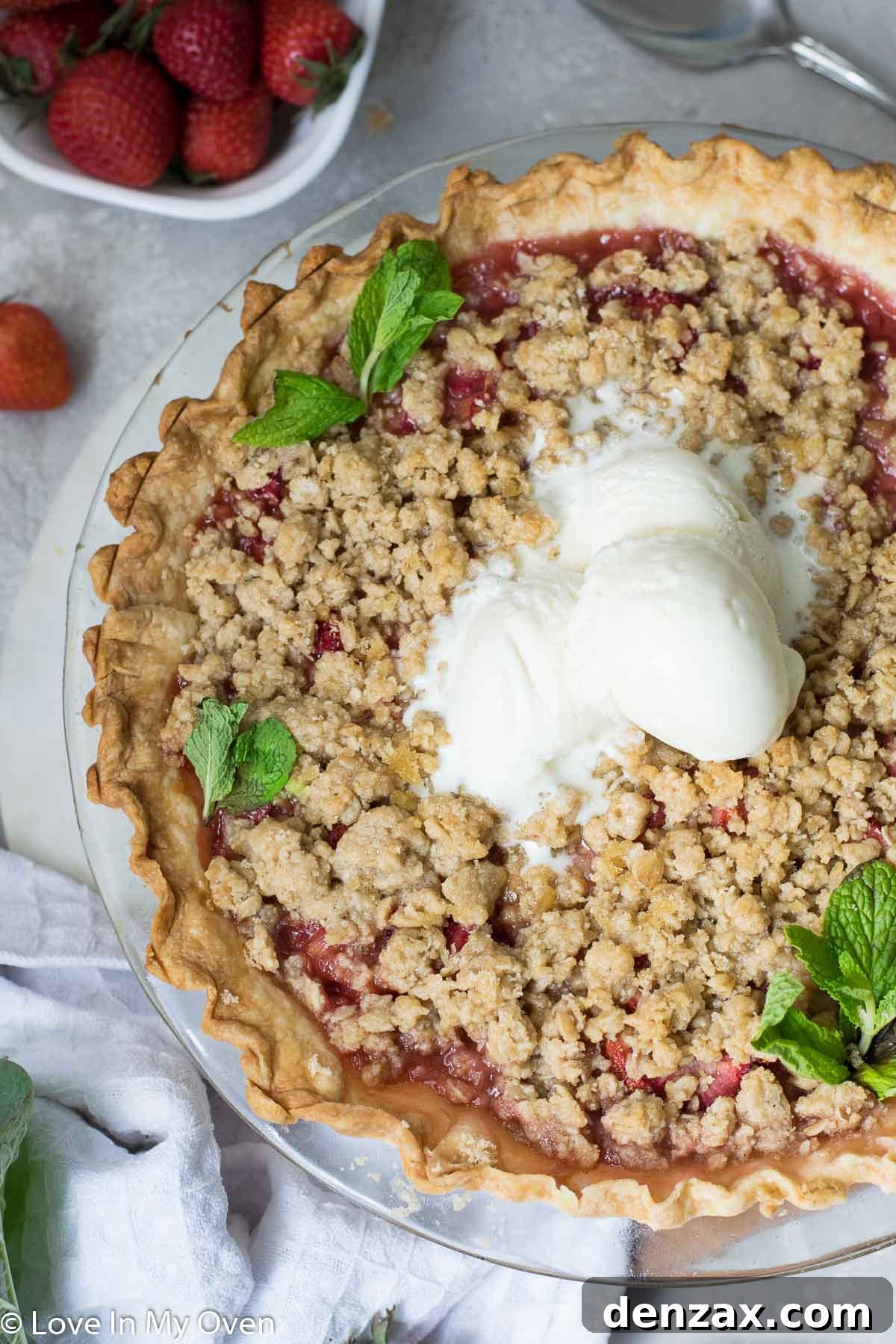 Classic Strawberry Rhubarb Crumble Pie with a golden streusel topping