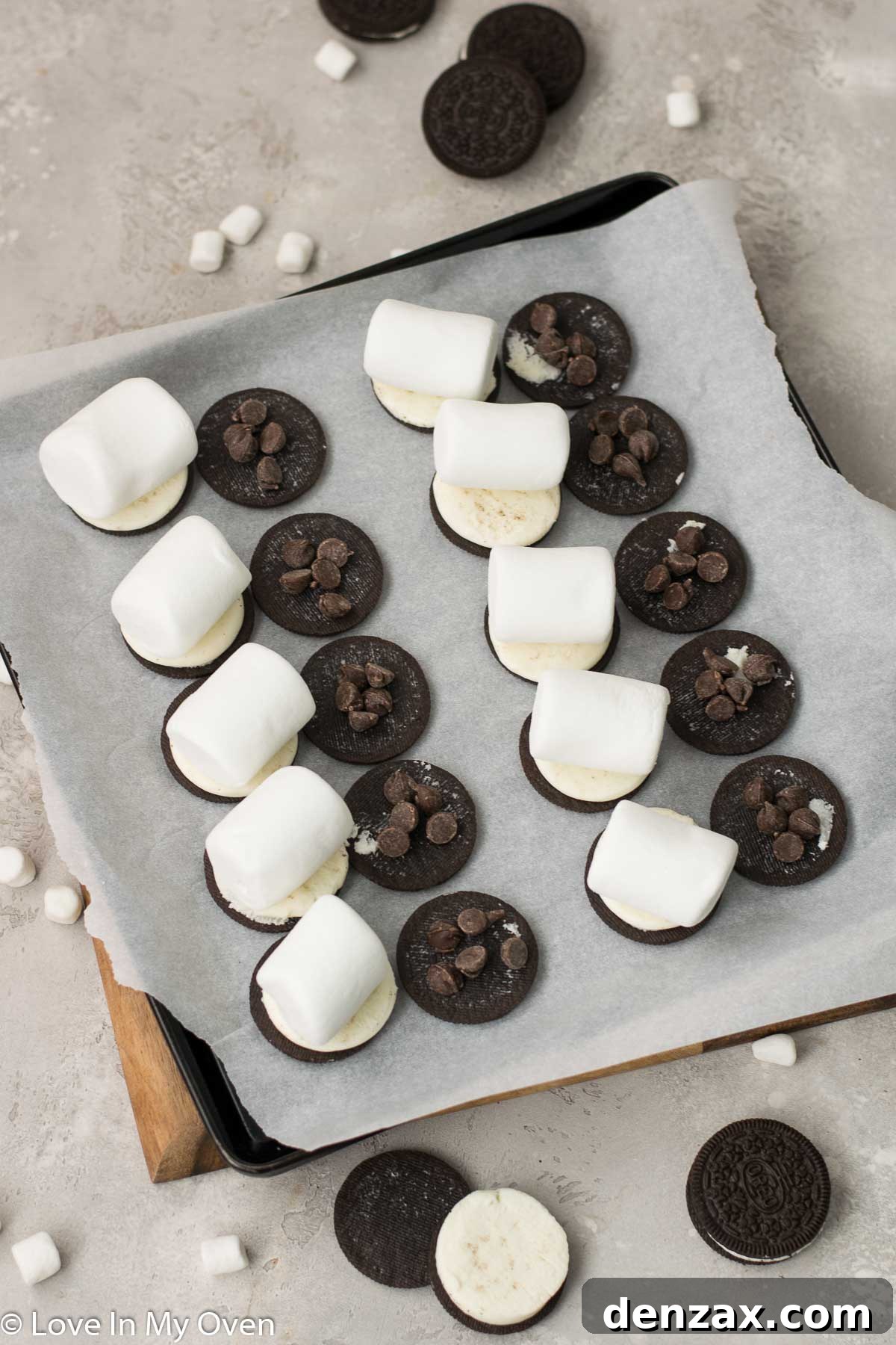 Mallow Cookie Meltdown 4 s'moreos - baking tray with partially assembled cookies