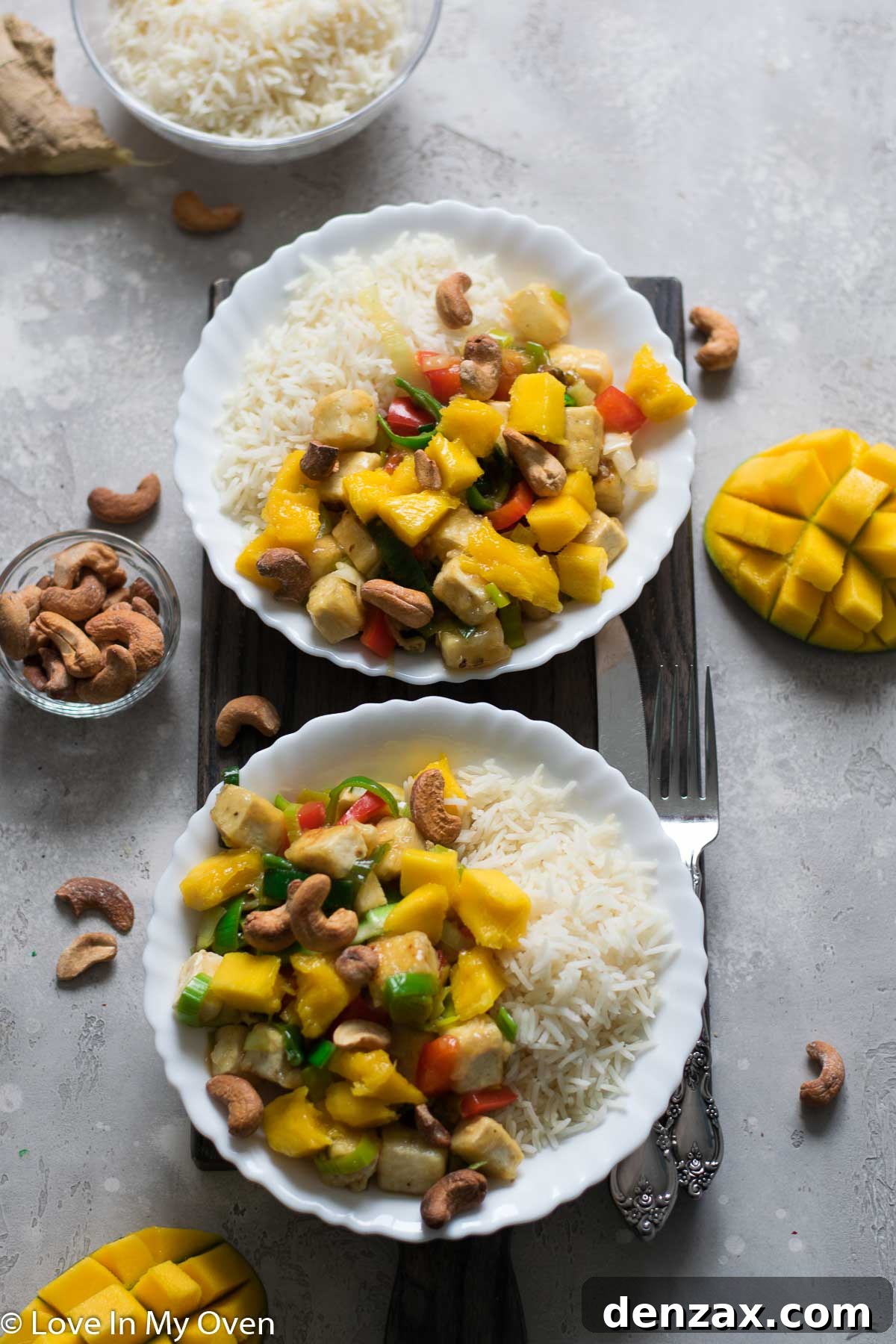 A bowl of Mango Tofu Stir Fry served over rice