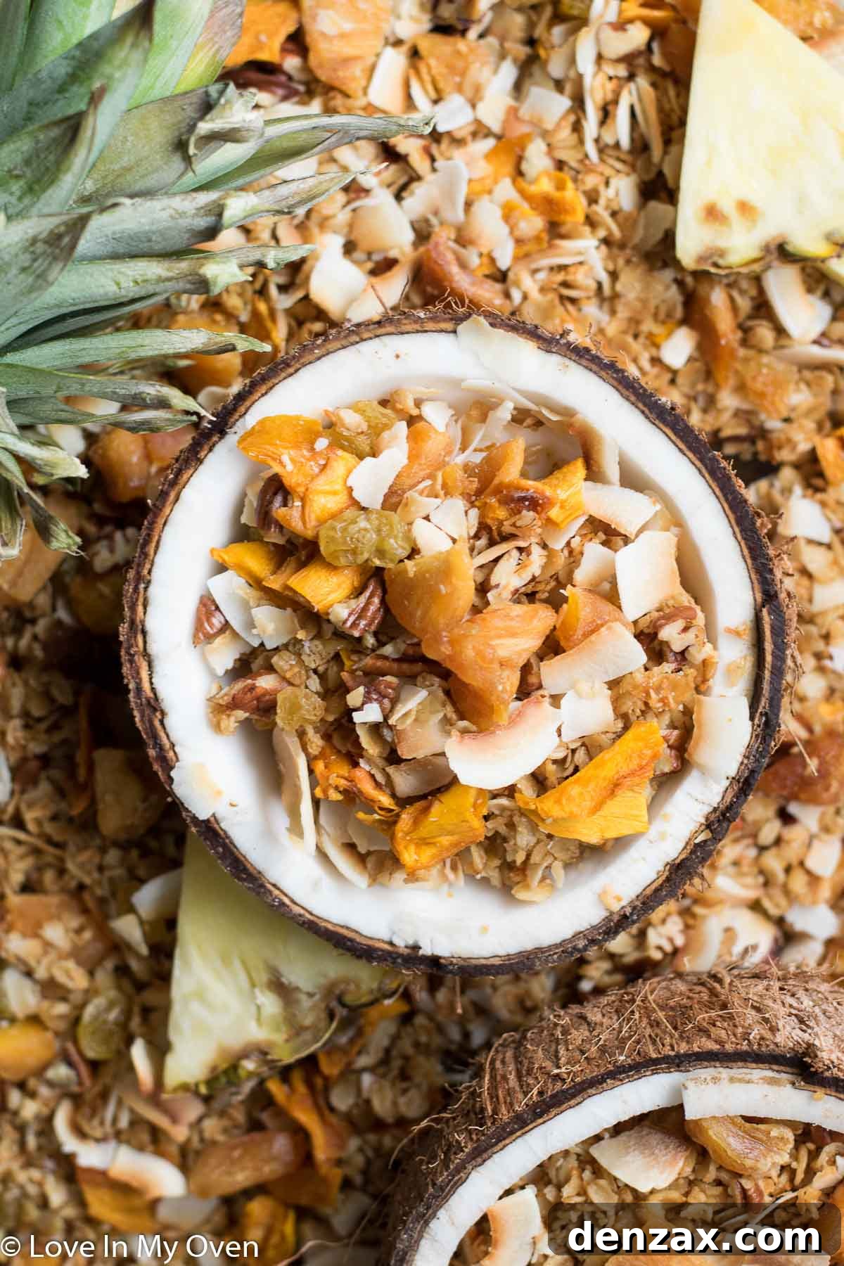 Crunchy homemade tropical granola with dried fruits and nuts, perfect for breakfast