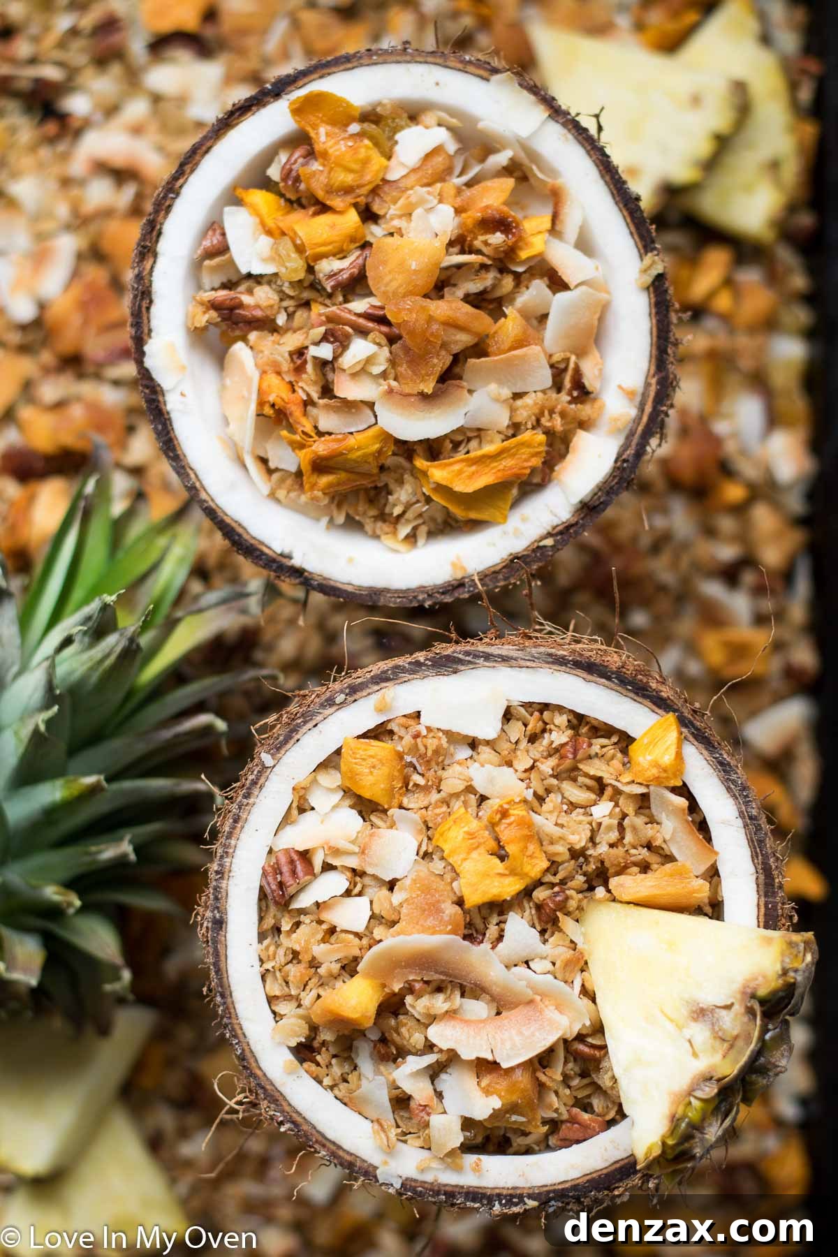 Bowl of tropical granola with a spoon, ready to eat