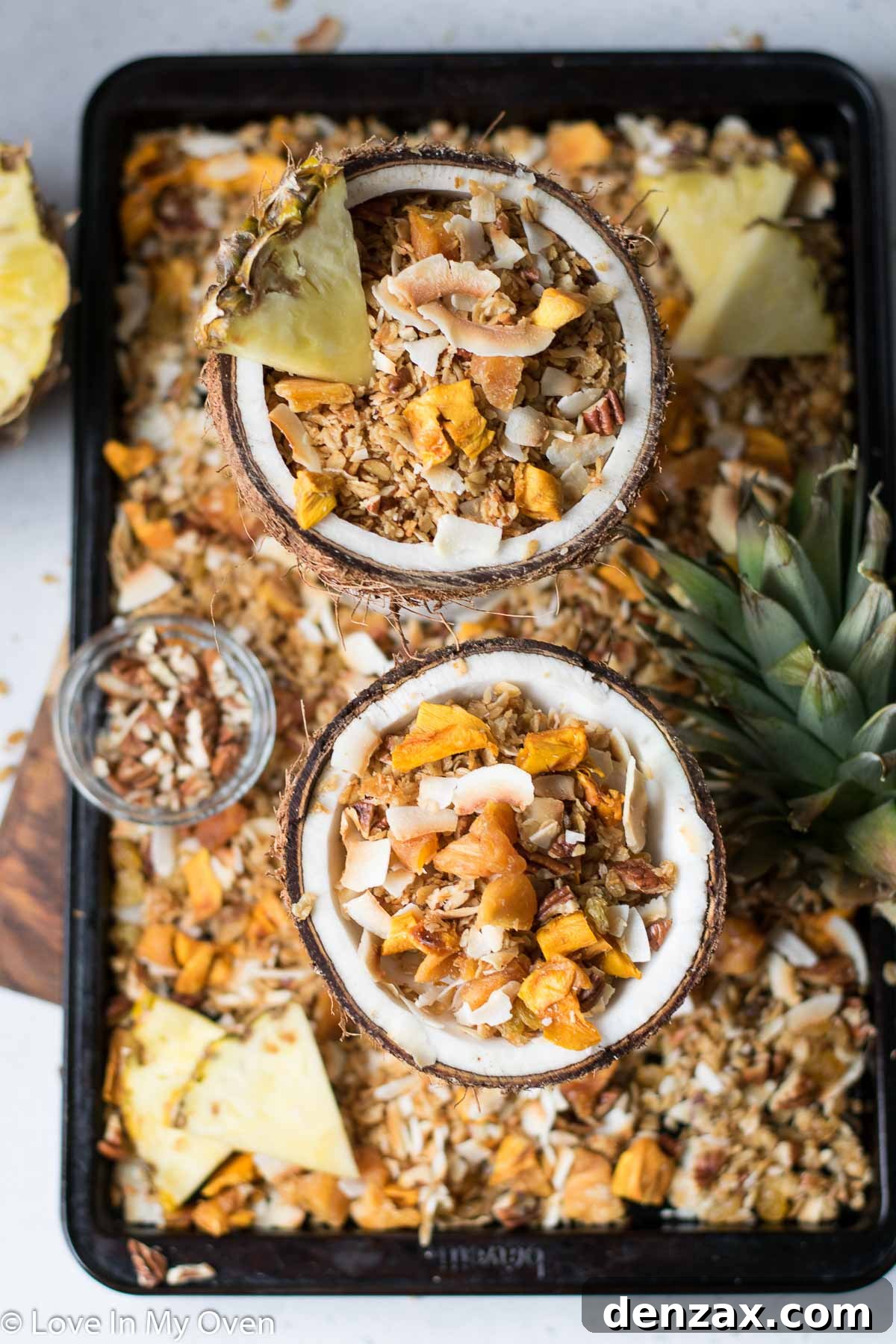 Textured shot of golden brown tropical granola