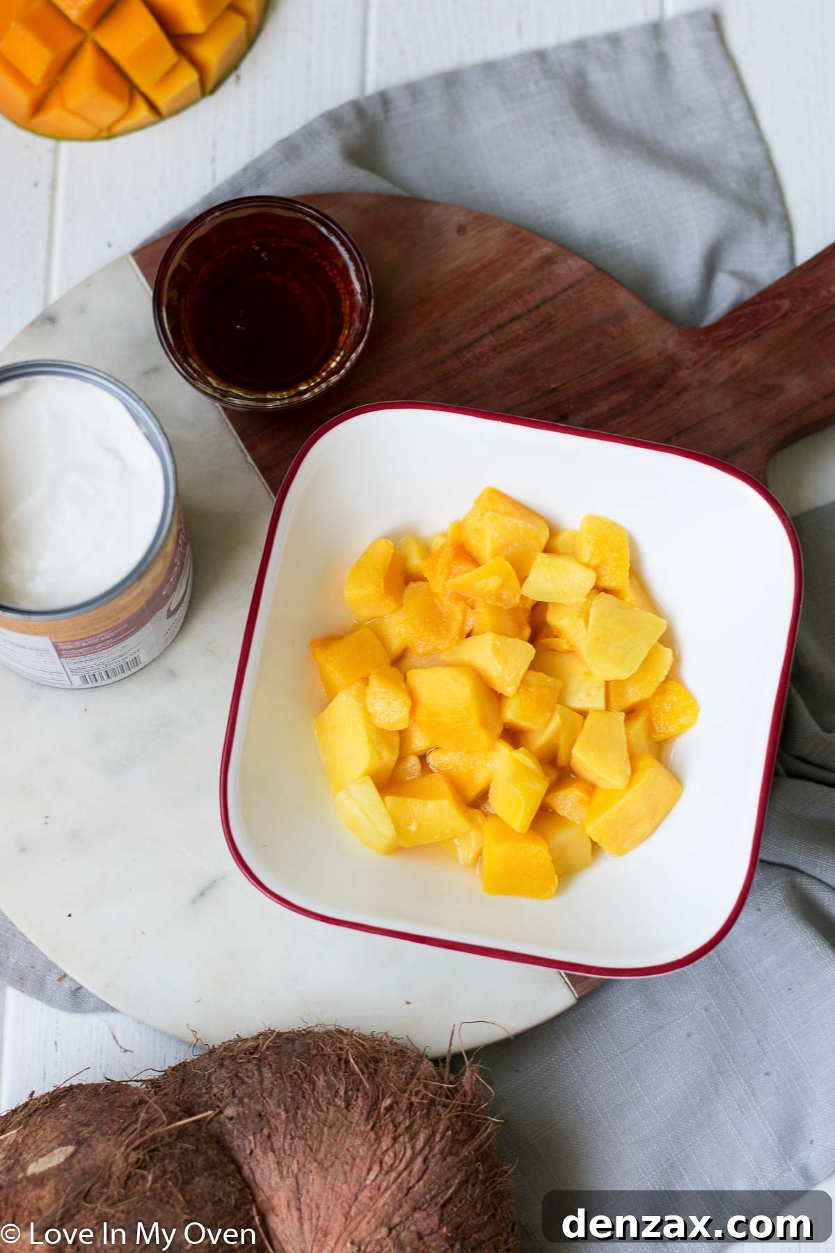 Close-up of mango puree and coconut milk mixture for popsicles