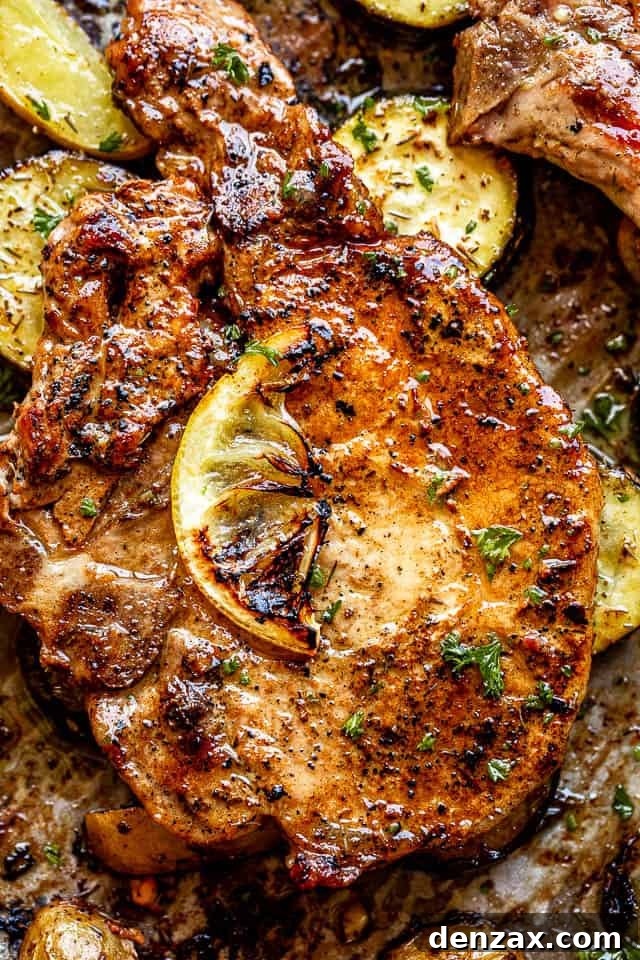 A close-up, inviting top-down view of a perfectly baked pork chop, beautifully golden and juicy, adorned with a fresh slice of lemon, symbolizing the dish's zesty flavor.